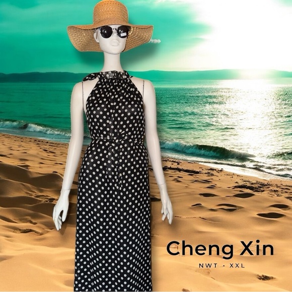 Cheng Xin NWT Dress Black White Polka Dot Halter Neck Maxi Resortwear Size XXL - Picture 8 of 16